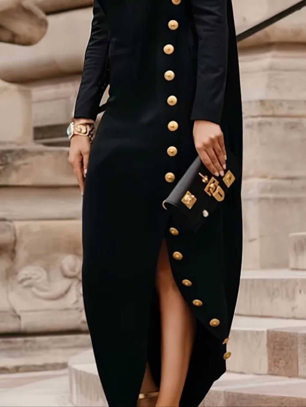 Elegant Black Long-Sleeve Maxi Dress with Gold Buttons - Picture 3 of 4